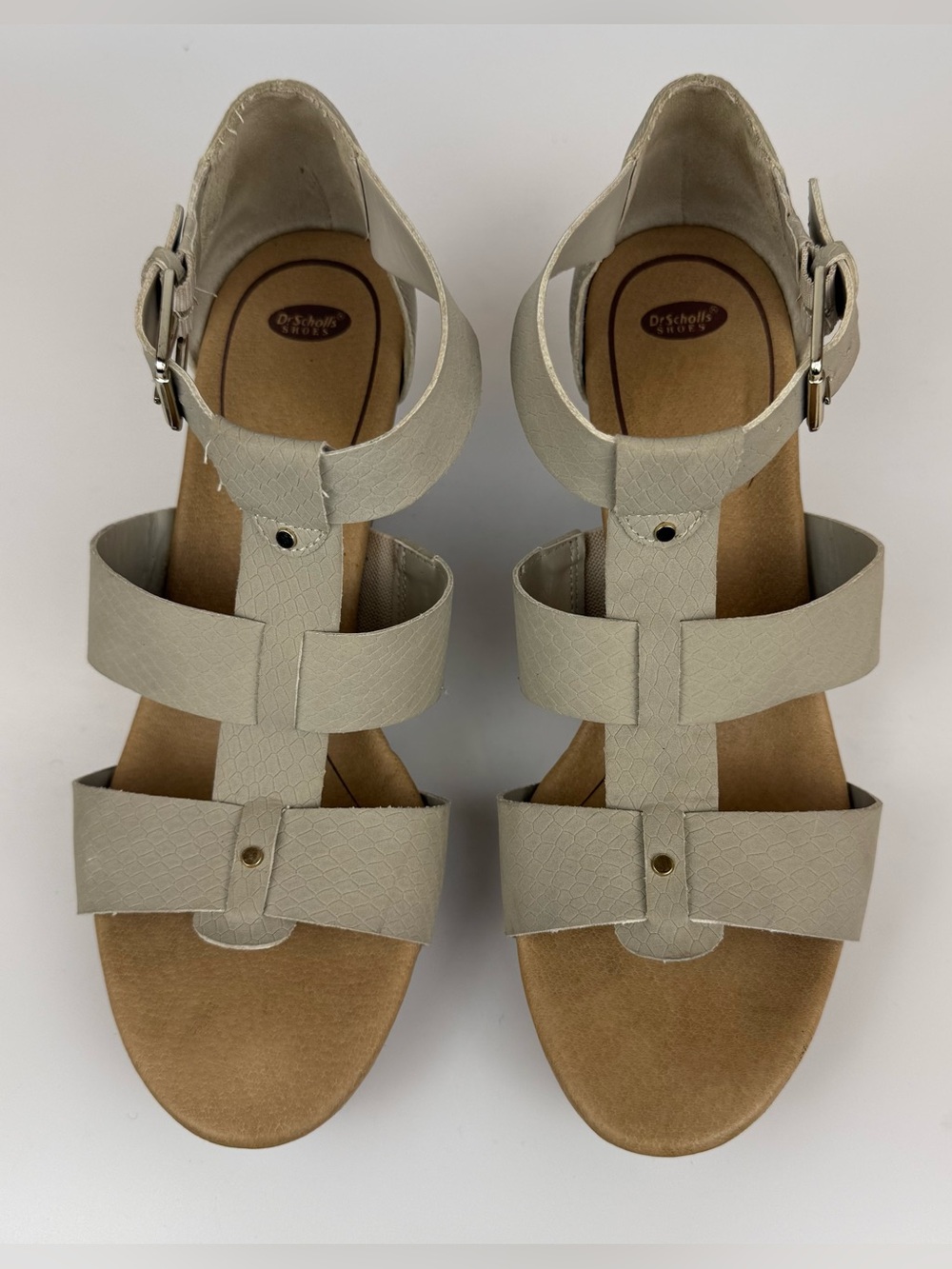 Dr Scholls Barton Wedge Sandals Womens Sz 8 M Tan/Grey Snake Print Faux Leather